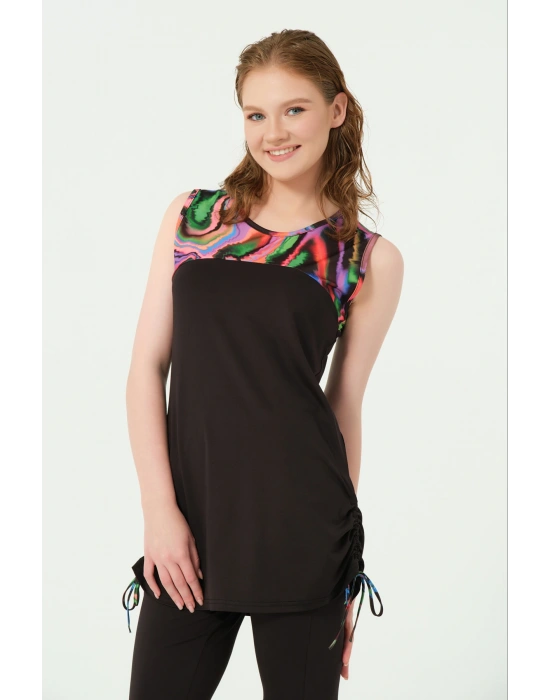 Petrina Eteği Toplamalı Sıfır Kol Yarı Kapalı Mayo