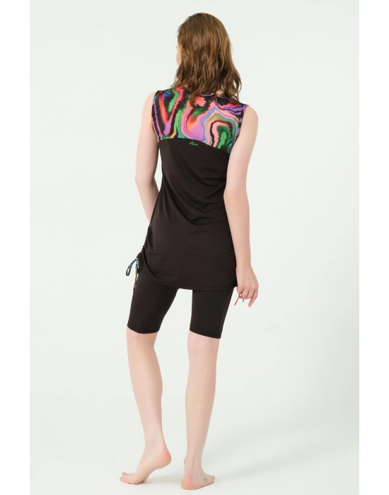 Petrina Eteği Toplamalı Sıfır Kol Yarı Kapalı Mayo