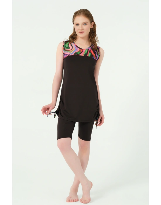 Petrina Eteği Toplamalı Sıfır Kol Yarı Kapalı Mayo