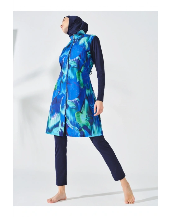 Doğa Desenli Tesettür Mayo- Lacivert -