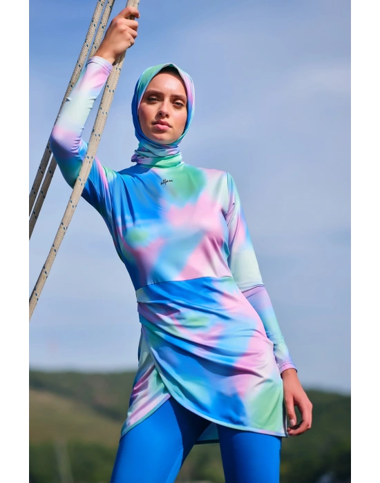 Desenli Anvelop Etek Detaylı Tesettür Mayo