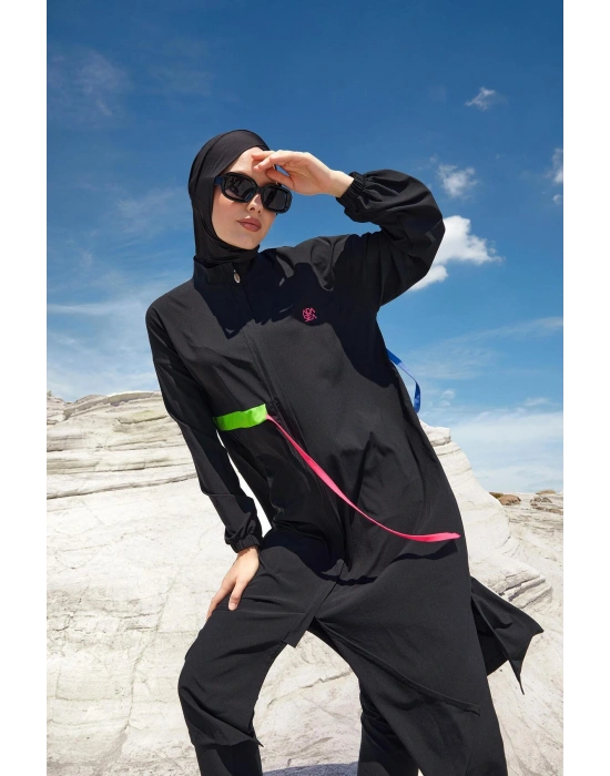 Siyah Kadın Elzada Uzun Kollu Tesettür Mayo