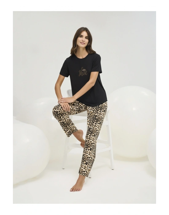 16458 KADIN TAŞ BASKILI PANTOLON TAKIM