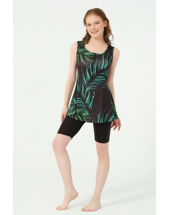 Yaprak Desenli Sıfır Kol Yarı Kapalı Mayo