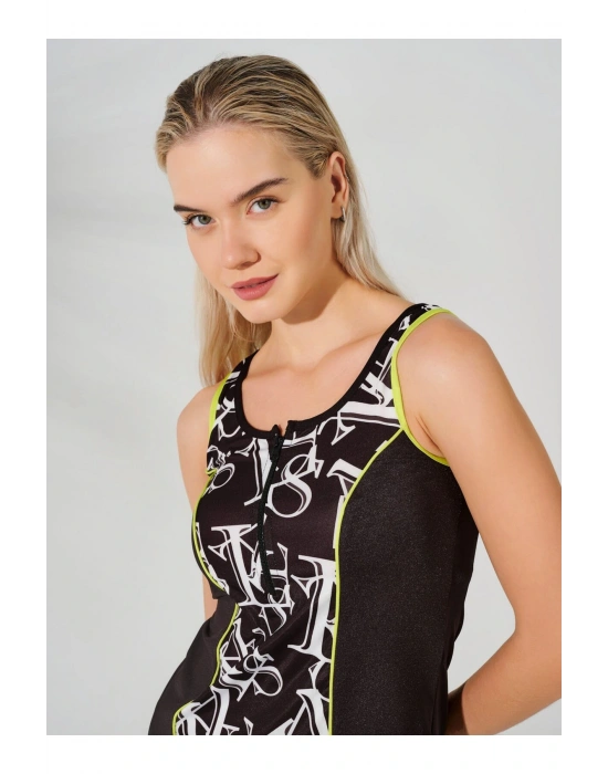 Desenli Biye Süslemeli Askılı Yarı Kapalı Mayo - Siyah -