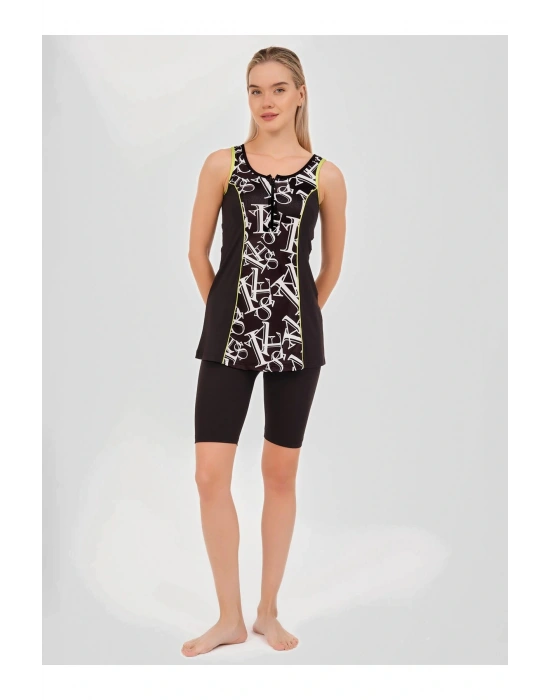 Desenli Biye Süslemeli Askılı Yarı Kapalı Mayo - Siyah -