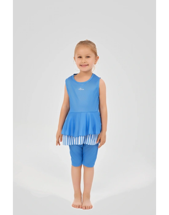 Volan Etekli Çizgi Desen Detaylı Sıfır Kol Çocuk Mayo