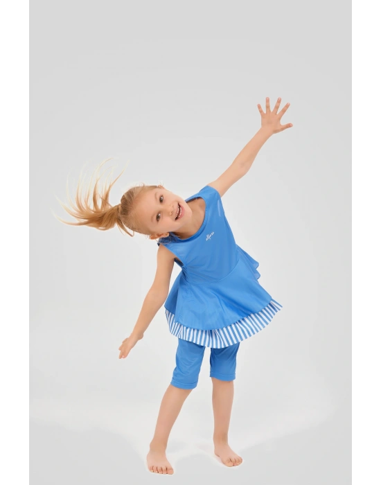 Volan Etekli Çizgi Desen Detaylı Sıfır Kol Çocuk Mayo