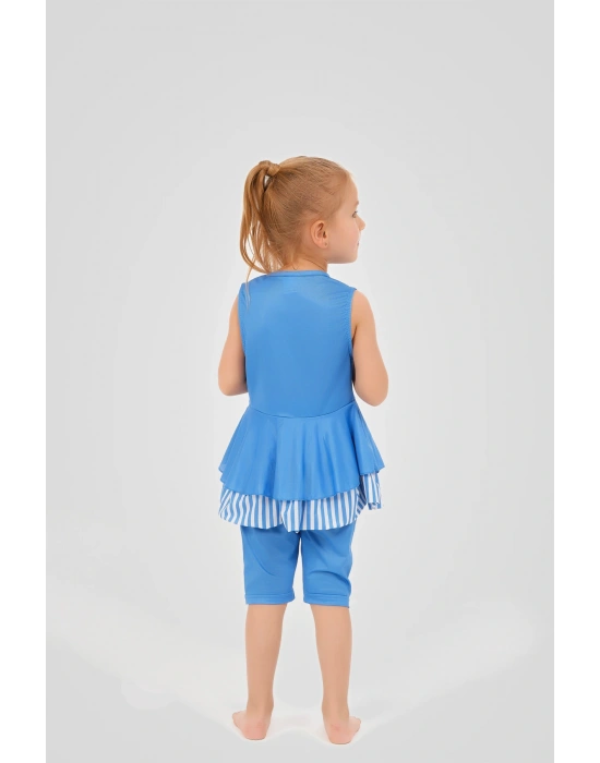 Volan Etekli Çizgi Desen Detaylı Sıfır Kol Çocuk Mayo