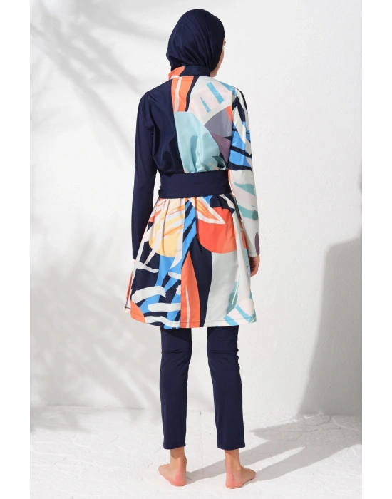 231905 Desenli Uzun Kollu Fermuarlı Kemerli Tesettür Mayo Takım