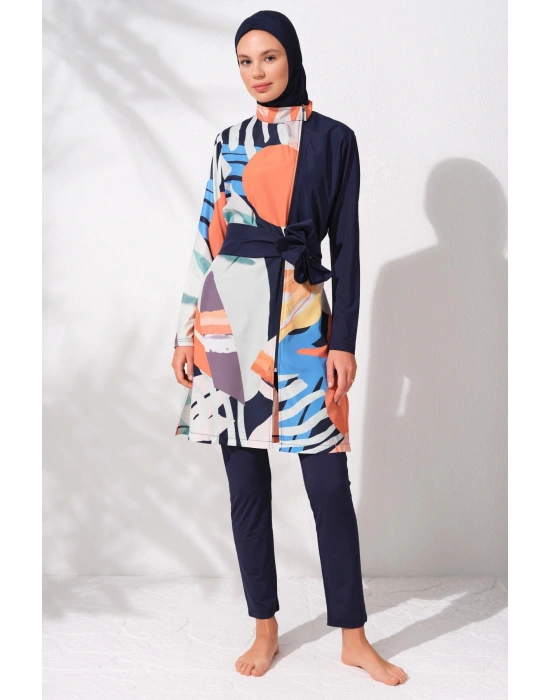 231905 Desenli Uzun Kollu Fermuarlı Kemerli Tesettür Mayo Takım