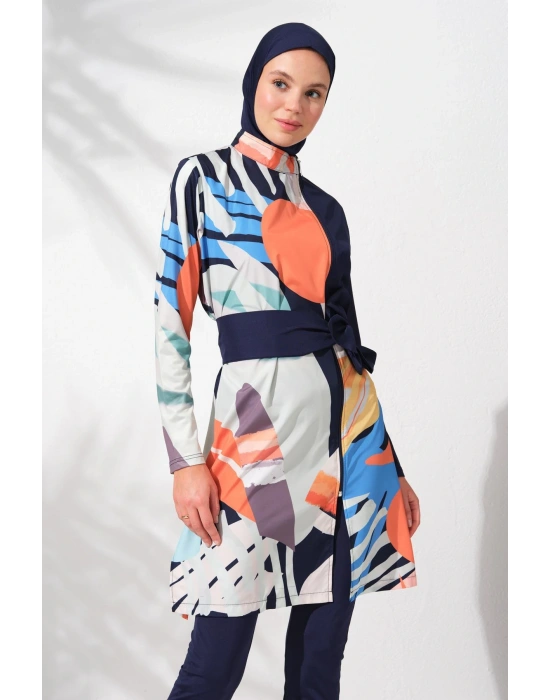 231905 Desenli Uzun Kollu Fermuarlı Kemerli Tesettür Mayo Takım