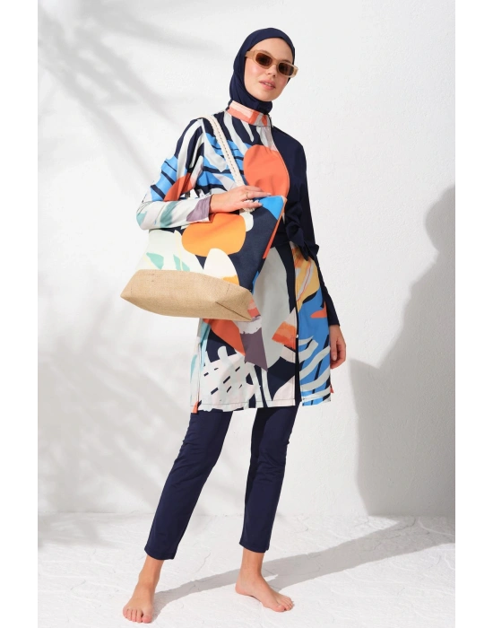 231905 Desenli Uzun Kollu Fermuarlı Kemerli Tesettür Mayo Takım