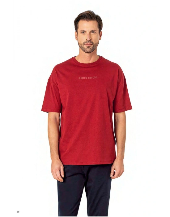 6086 Erkek Kısa Kollu Bisiklet Yaka Oversize Pijama Takım-Bordo