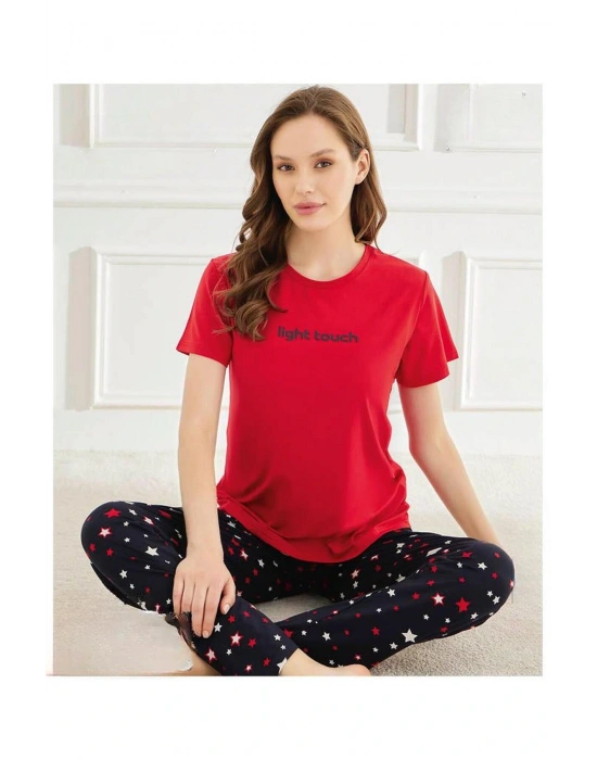 Kadın Bisiklet Yaka MİLAN Likralı Kısa Kol Pijama Takımı 50107Kırmızı - 1 Adet