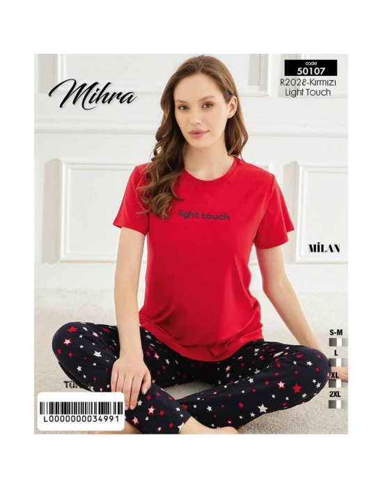 Kadın Bisiklet Yaka MİLAN Likralı Kısa Kol Pijama Takımı 50107Kırmızı - 1 Adet