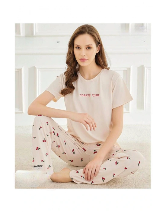 Kadın Bisiklet Yaka MİLAN Likralı Kısa Kol Pijama Takımı 50107Ekru - 1 Adet