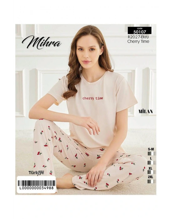 Kadın Bisiklet Yaka MİLAN Likralı Kısa Kol Pijama Takımı 50107Ekru - 1 Adet