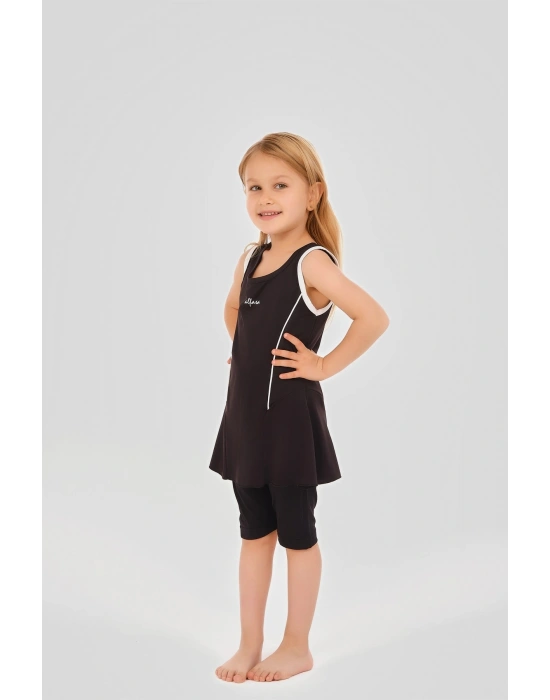 Tenis Baskı Süslemeli Sıfır Kol Şort Taytlı Kız Çocuk Mayo 24105 Siyah