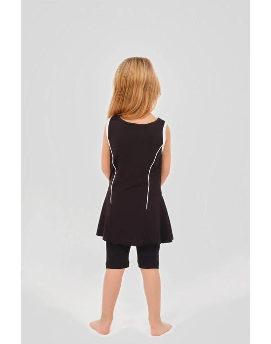 Tenis Baskı Süslemeli Sıfır Kol Şort Taytlı Kız Çocuk Mayo 24105 Siyah