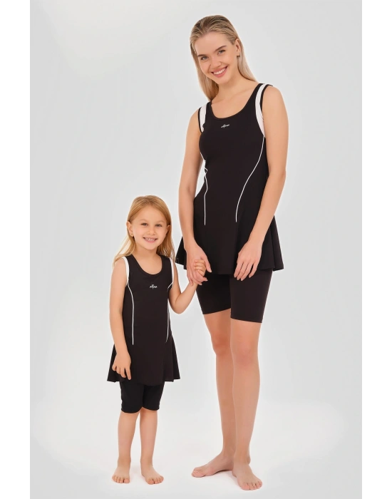 Tenis Baskı Süslemeli Sıfır Kol Şort Taytlı Kız Çocuk Mayo 24105 Siyah