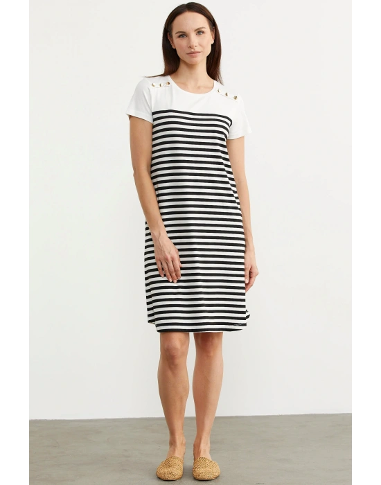 Düğme Detaylı Çizgili Penye Elbise - Siyah