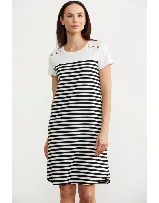 Düğme Detaylı Çizgili Penye Elbise - Siyah