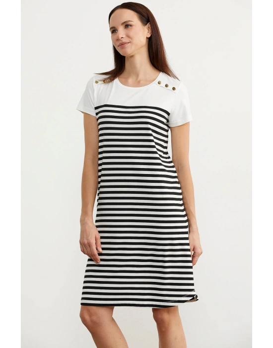 Düğme Detaylı Çizgili Penye Elbise - Siyah