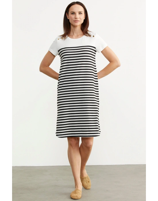 Düğme Detaylı Çizgili Penye Elbise - Siyah