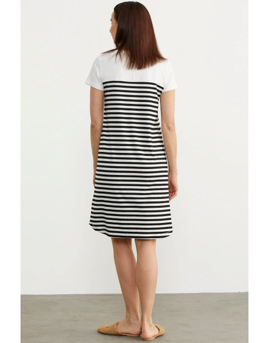 Düğme Detaylı Çizgili Penye Elbise - Siyah