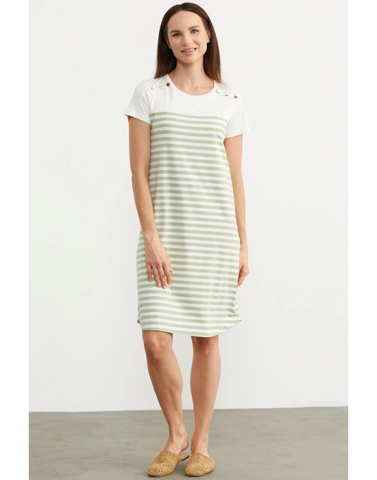 Düğme Detaylı Çizgili Penye Elbise - Yeşil