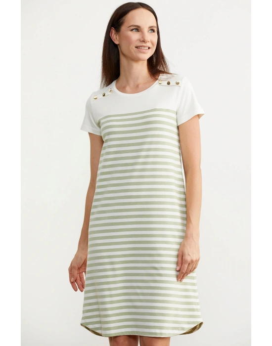 Düğme Detaylı Çizgili Penye Elbise - Yeşil