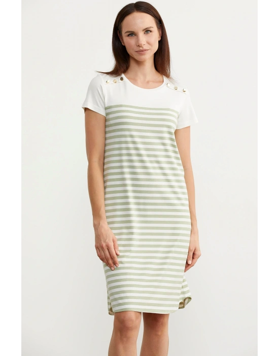 Düğme Detaylı Çizgili Penye Elbise - Yeşil
