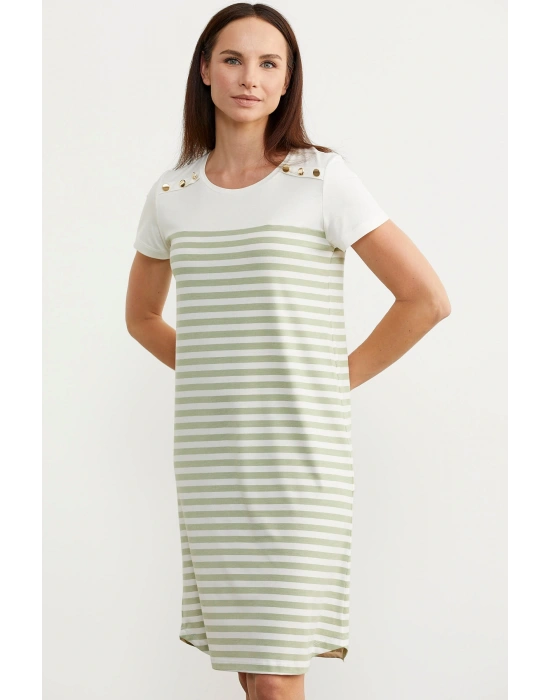 Düğme Detaylı Çizgili Penye Elbise - Yeşil