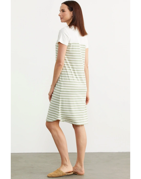 Düğme Detaylı Çizgili Penye Elbise - Yeşil
