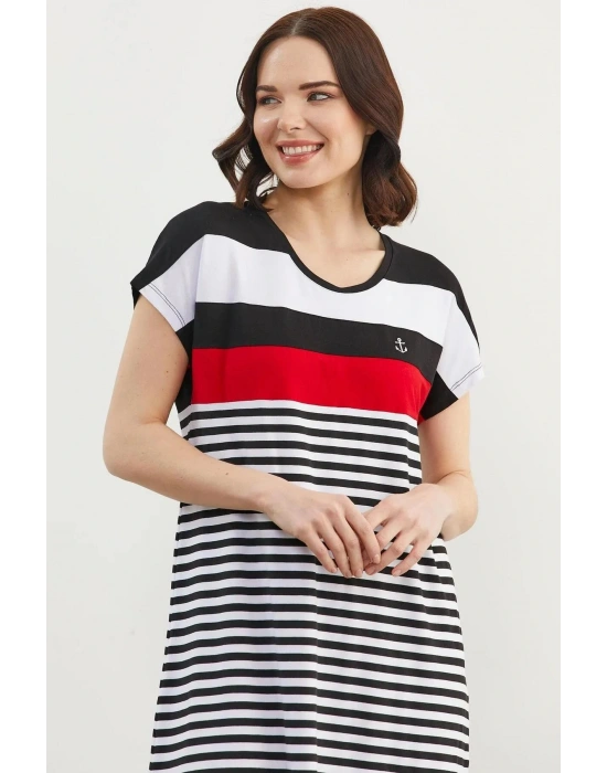 77346 Sıfır Yaka Midi Boy Çizgili Marine Elbise