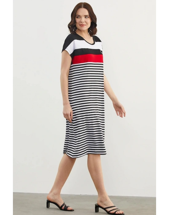 77346 Sıfır Yaka Midi Boy Çizgili Marine Elbise
