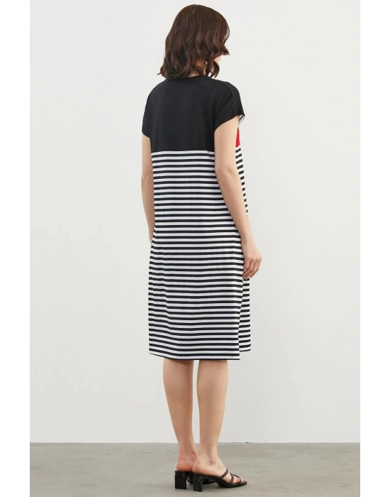 77346 Sıfır Yaka Midi Boy Çizgili Marine Elbise