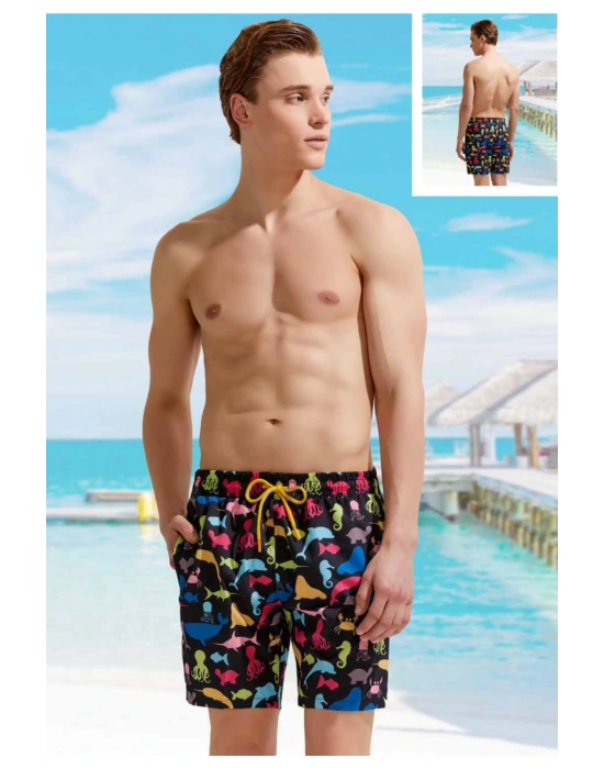 Renkli Denizaltı Desenli Premium Erkek Şort Mayo