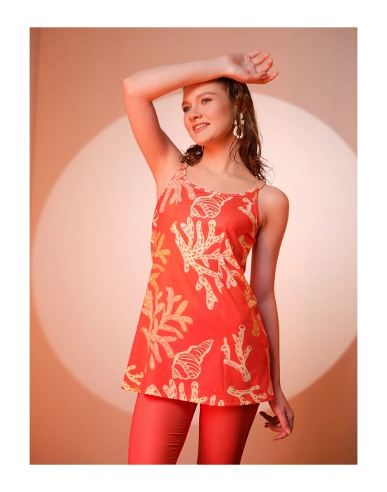 Mercan Desenli İpli Yarı Kapalı Mayo