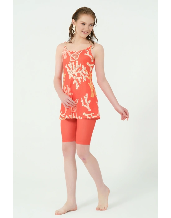 Mercan Desenli İpli Yarı Kapalı Mayo