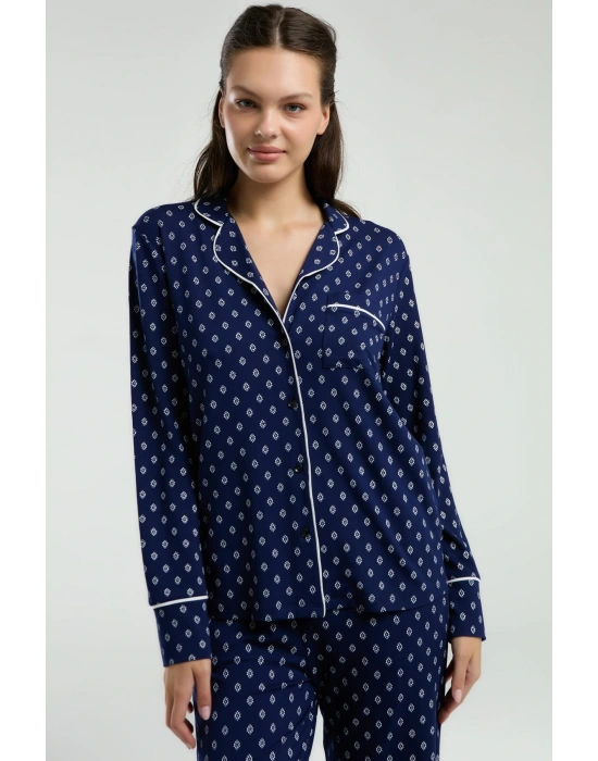 Boydan Düğmeli, Uzunkol Desenli Pijama Takım, Kutulu Çeyizlik Pijama Takım, %96 Viskon