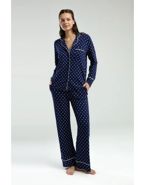 Boydan Düğmeli, Uzunkol Desenli Pijama Takım, Kutulu Çeyizlik Pijama Takım, %96 Viskon