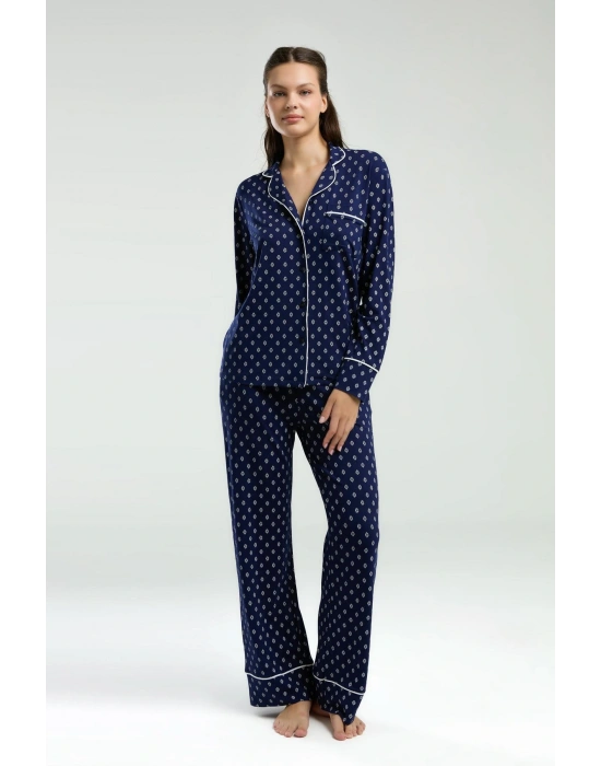 Boydan Düğmeli, Uzunkol Desenli Pijama Takım, Kutulu Çeyizlik Pijama Takım, %96 Viskon