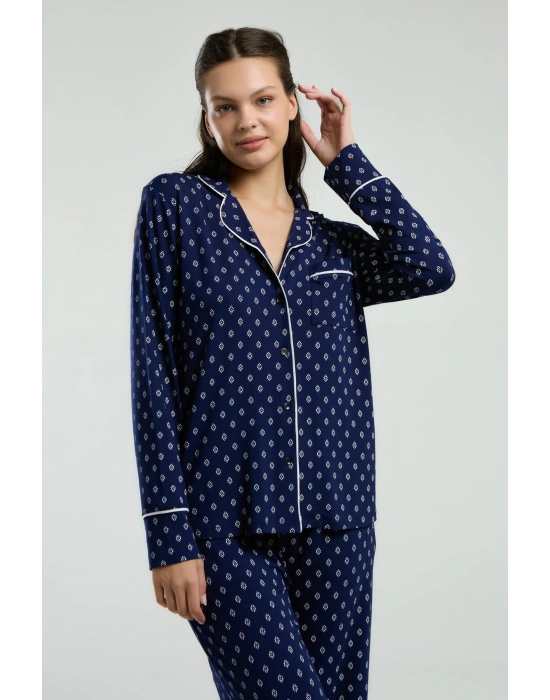 Boydan Düğmeli, Uzunkol Desenli Pijama Takım, Kutulu Çeyizlik Pijama Takım, %96 Viskon