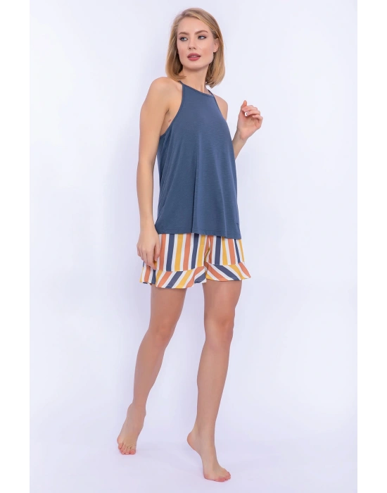 Çizgili Denim Mavisi Kadın Askılı Şort Takım