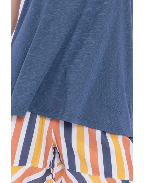 Çizgili Denim Mavisi Kadın Askılı Şort Takım