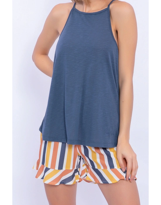 Çizgili Denim Mavisi Kadın Askılı Şort Takım