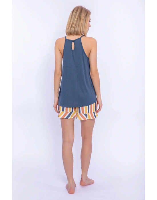 Çizgili Denim Mavisi Kadın Askılı Şort Takım
