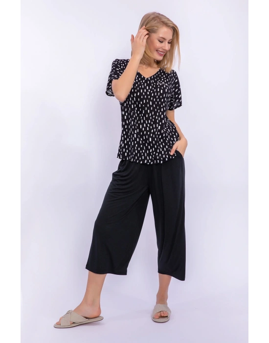 Siyah Kadın Poplin Kapri Takım